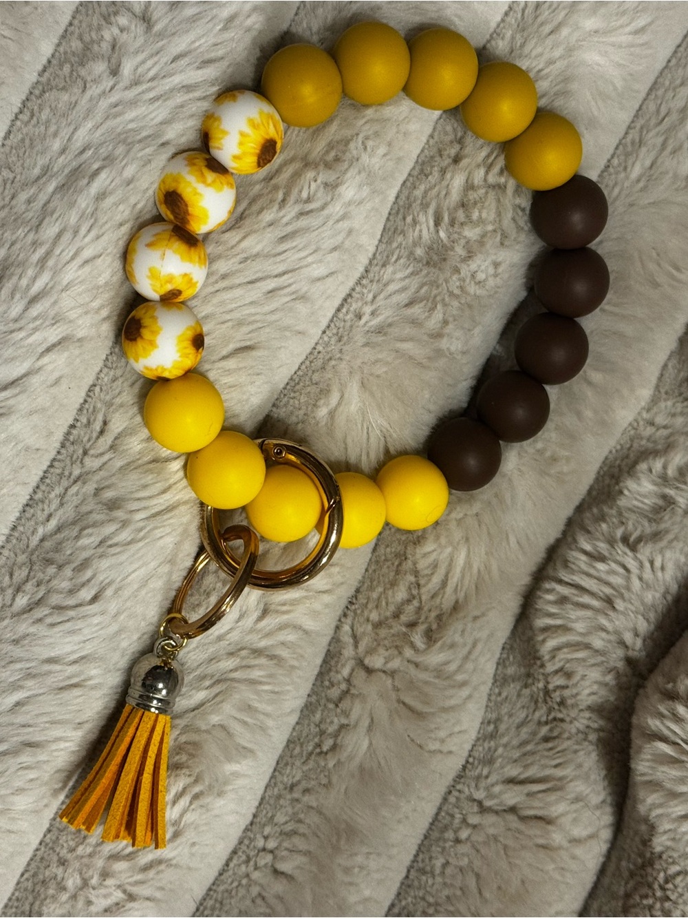 Sunflower Yellow & brown Beaded Wrist Keychain with Tassel